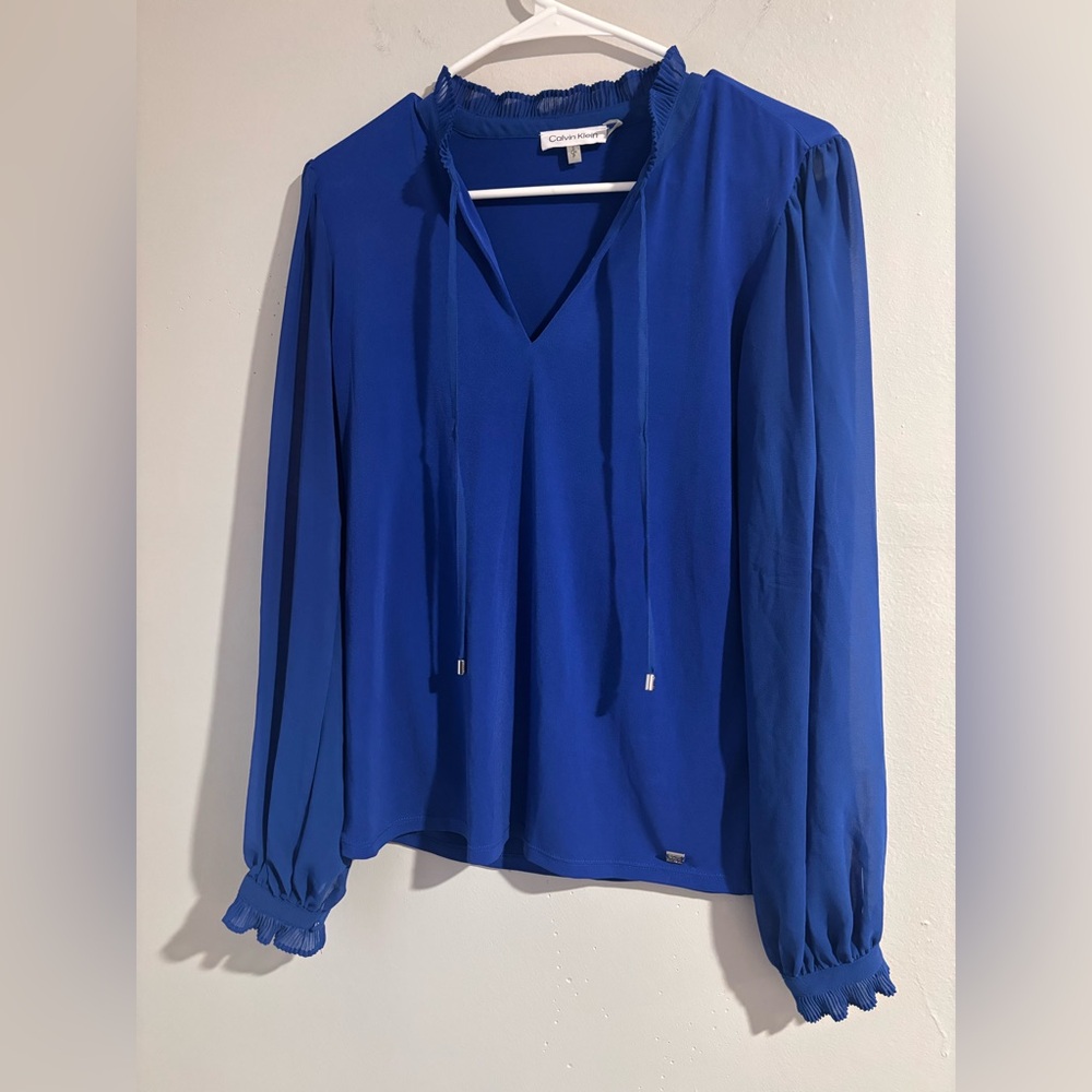 Calvin Klein Cobalt Blue V-Neck Long Sleeve Dress Shirt - Silhouette Sleeves